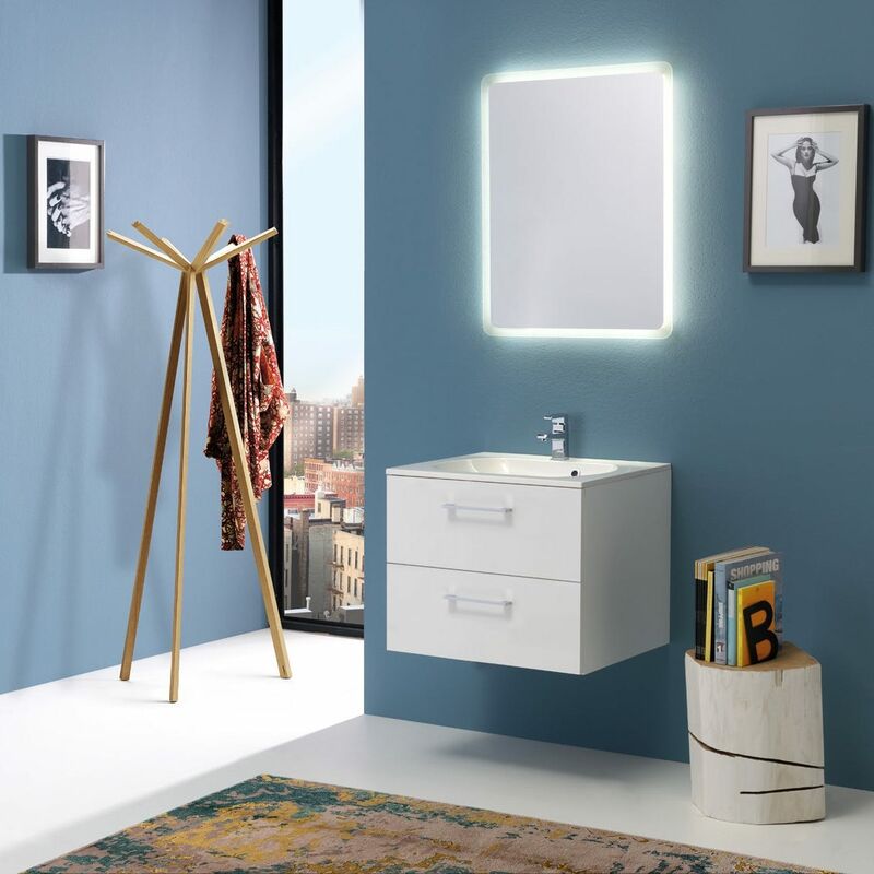 

Mueble De Baño Boston 60 Cm Dos Cajones Blanco Brillo Espejo Retroiluminado