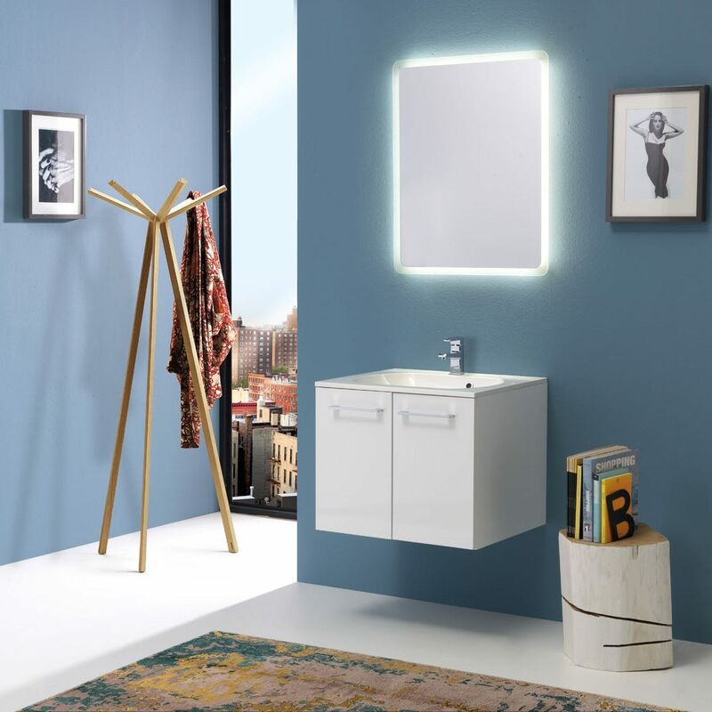 

Mueble De Baño Boston 60 Cm Dos Puertas Blanco Brillo Espejo Retroiluminado