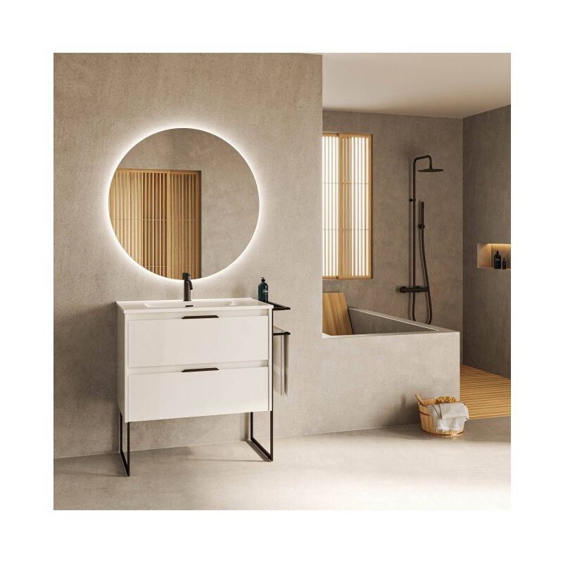 

Caesaroo - Mueble de baño de pie 100 cm Virginia Blanco brillante con lavabo | Blanco - 100 cm - Con espejo y lámpara LED