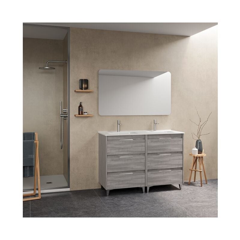 

Caesaroo - Mueble de baño de pie 120 cm Minnesota Gris arenado con lavabo | gris - Con espejo y lámpara LED - 120 cm