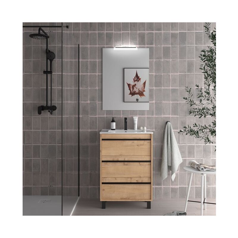 

Caesaroo - Mueble de baño de pie 60 cm Nevada de madera Roble Ostippo con lavabo de porcelana | 60 cm - Con espejo y lámpara LED