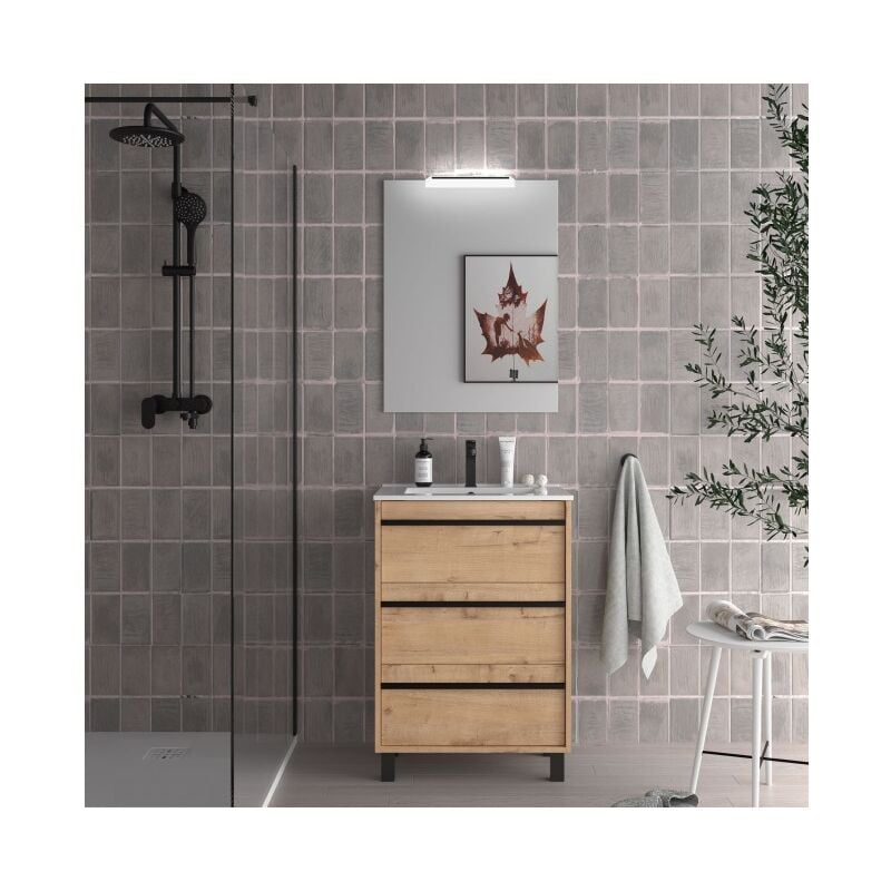

Caesaroo - Mueble de baño de pie 60 cm Nevada de madera Roble Ostippo con lavabo de porcelana | 60 cm - Con columna, espejo y lámpara LED
