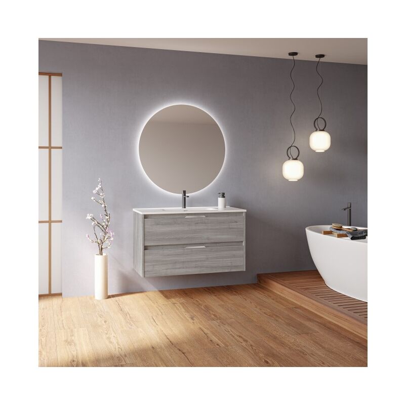 

Caesaroo - Mueble de baño suspendido 100 cm Minnesota Gris arenado con lavabo | gris - 100 cm - Con espejo y lámpara LED