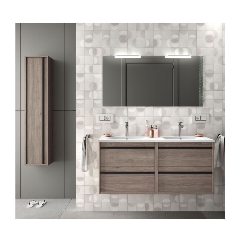 

Caesaroo - Mueble de baño suspendido 120 cm Nevada en madera Roble eternity con lavabo de porcelana | Con espejo, doble columna y doble lámpara LED