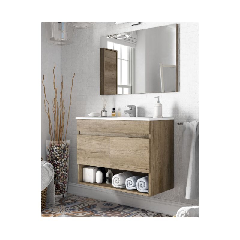 

Mueble de baño suspendido 80 cm color nordik con espejo | Nordik - Con Doble Columna y Lámpara de Led
