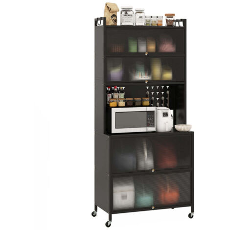 Mueble de cocina 80x40x178 cm con 6 estantes y puertas batientes translúcidas estilo moderno acero al carbono negro 200015277