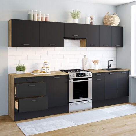 Mueble de cocina completo 300 CM SUBTIL con encimera de 9 elementos en madera y negro