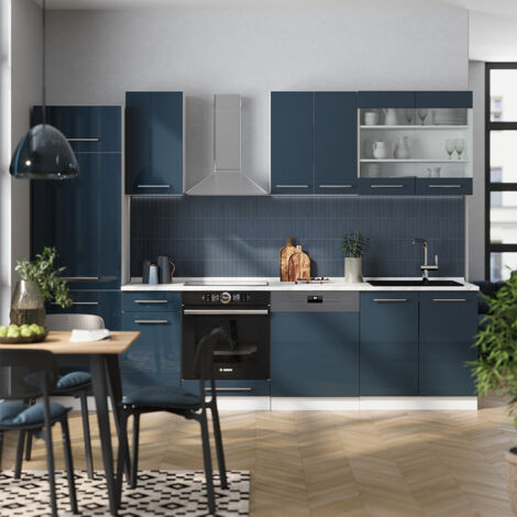 Mueble de cocina Fame-Line, Azul oscuro alto brillo/blanco, 300 cm , ET Mármol, Vicco
