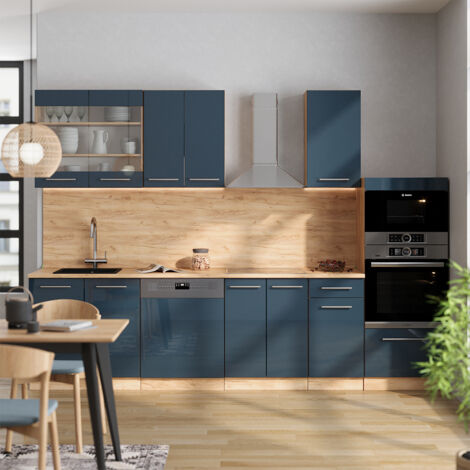 Mueble de cocina Fame-Line, Azul oscuro alto brillo/roble dorado, 300 cm con armario alto, ET Antracita, Vicco