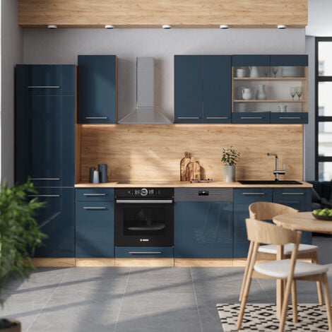 Mueble de cocina Fame-Line, Azul oscuro alto brillo/roble dorado, 300 cm , ET Antracita, Vicco
