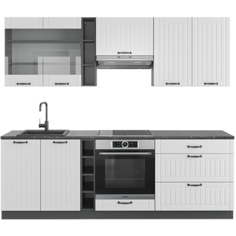 Mueble de cocina Fame-Line, Casa de campo blanca/antracita, 235 cm sin encimera, Vicco