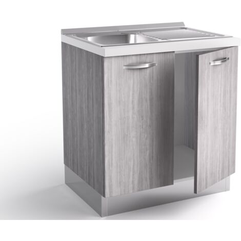 Mueble de cocina para fregadero 80x60xH84 cm en madera Gris Islanda con fregadero de acero inoxidable gris