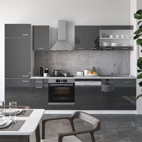 Mueble de cocina R-Line, Antracita brillo intenso/blanco, 300 cm sin encimera, Vicco