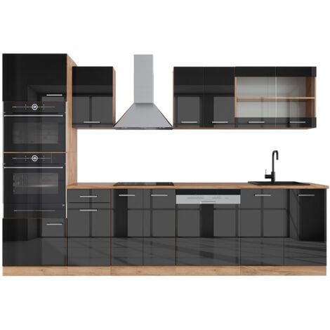 Mueble de cocina R-Line 300cm antracita alto brillo/oro potencia Vicco