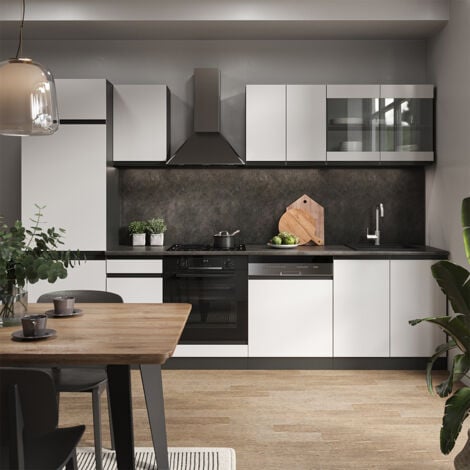 Mueble de cocina R-Line, Blanco/antracita, 300 cm Forma de J, Vicco