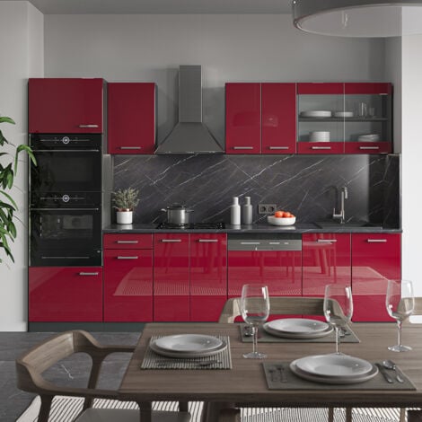 Mueble de cocina R-Line, Burdeos brillo intenso/antracita, 300 cm con armario alto, sin encimera, Vicco