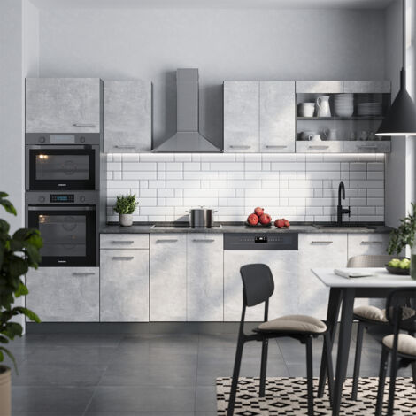 Mueble de cocina R-Line, Hormigón/antracita, 300 cm con armario alto, sin encimera, Vicco