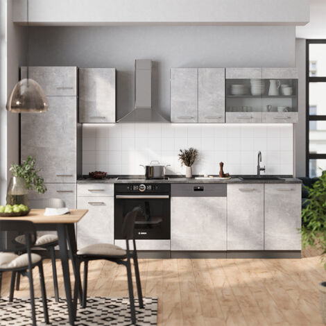 Mueble de cocina R-Line, Hormigón/antracita, 300 cm sin encimera, Vicco