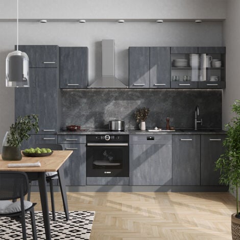 Mueble de cocina R-Line, Hormigón negro/antracita, 300 cm sin encimera, Vicco