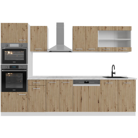 Mueble de cocina R-Line, Roble artesanal/blanco, 300 cm con armario alto, sin encimera, Vicco