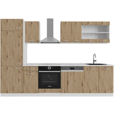 Mueble de cocina R-Line, Roble artesanal/blanco, 300 cm sin encimera, Vicco