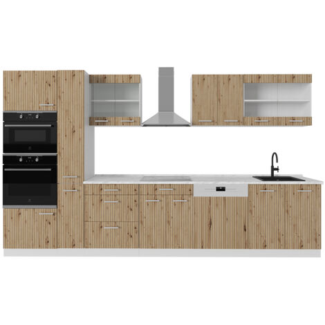 Mueble de cocina R-Line, Roble artesanal/blanco, 350 cm con armario alto, sin encimera, Vicco