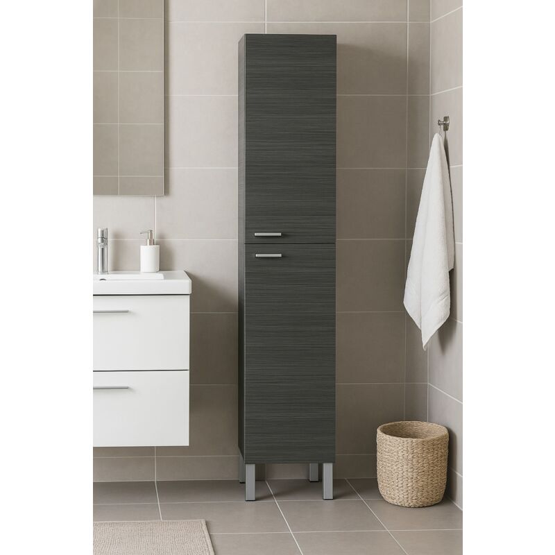 

Mueble columna para baño con dos puertas y dos baldas interiores, 30 x 182 x 25 cm, color gris ceniza - Dmora