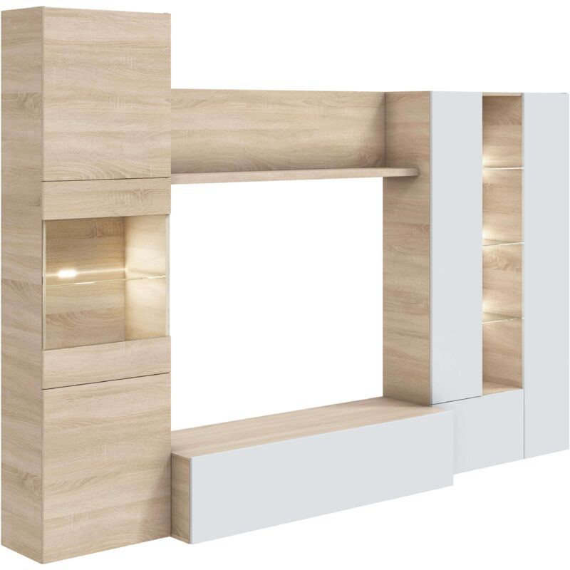 

Mueble modular salón comedor luz led estilo moderno color blanco y roble 260x185x42 Cm