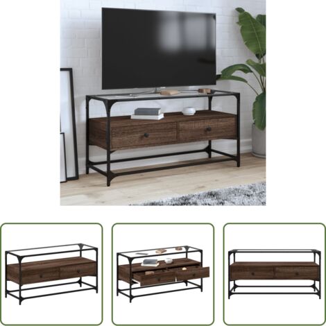 Mueble de cristal y madera -  Mueble TV cristal y madera ingeniería marrón roble 98x35x51 cm