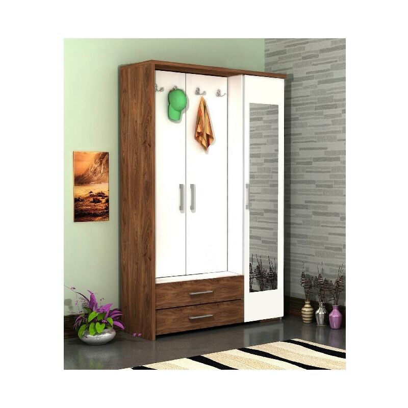 

Mueble de Entrada Deniz Armario Perchero Zapatero - con Espejo, Puertas, Compartimientos, Cajones - Nogal, Blanco en Madera, 120 x 40 x 184 cm