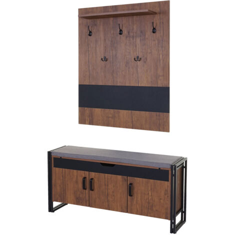 Mueble de entrada perchero banco con 5 ganchos dobles 53x110x30cm aspecto roble salvaje 040000957