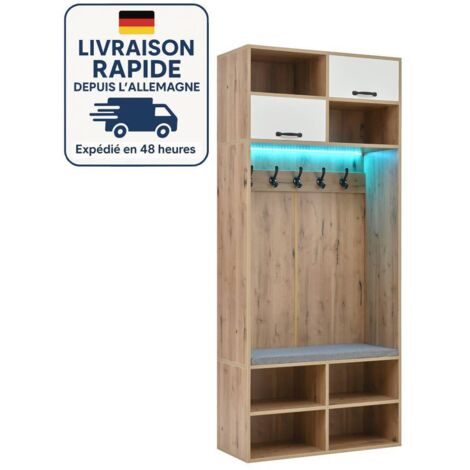 Mueble de entrada, perchero con banco - 5 ganchos, 2 puertas y 6 espacios de almacenamiento abiertos - Madera natural y blanco