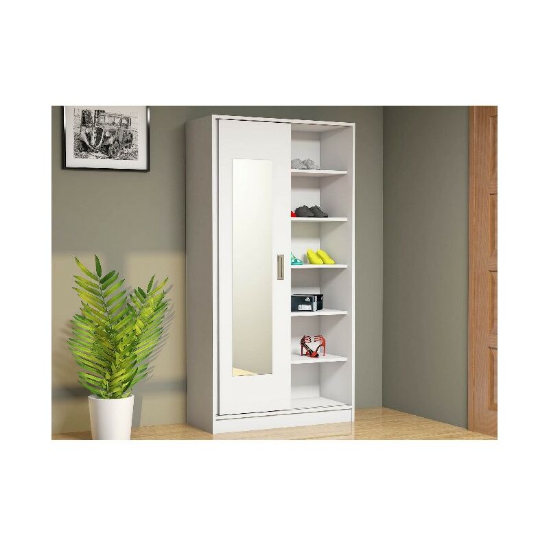 

Mueble de Entrada White Armario Perchero Zapatero - con Espejo, Puertas, Compartimientos - Blanco en Madera, 92 x 40 x 178 cm