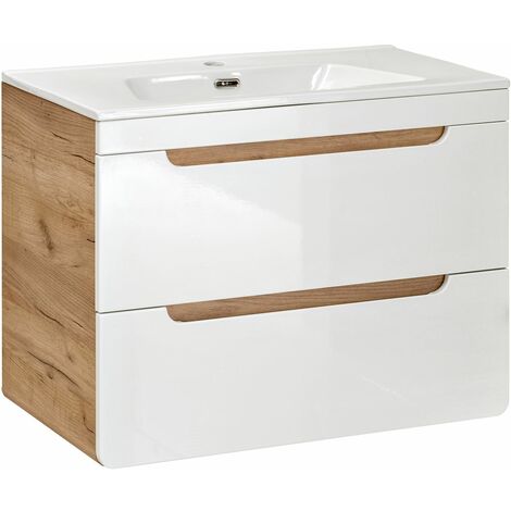 COMAD Mueble de lavabo 80 cm ARUBA, mueble de lavabo con cajones, lavabo incluido, color blanco/roble