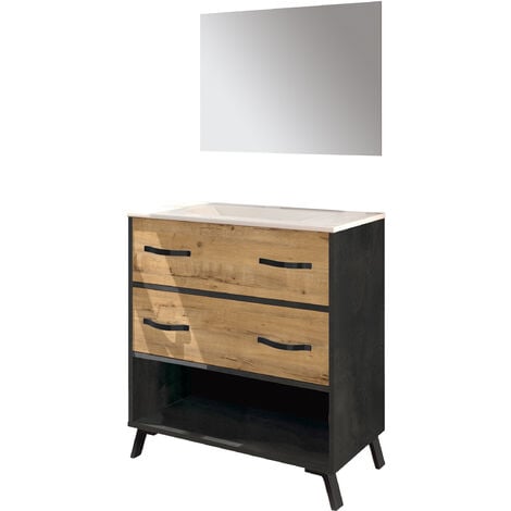 Mueble de lavabo Hudson moderno industrial con dos cajones y estante, detalles negros, lavabo incluido,espejo incluido, guias soft, 90x81x47 cm(alto x ancho x profundo), color imitación a mármol y roble gold