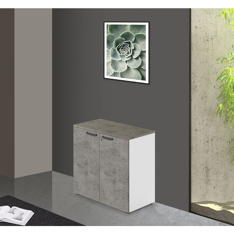 Mueble de oficina bajo con dos puertas y cerradura, color Cemento, H87x90x45cm