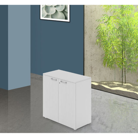 Mueble de oficina bajo de dos puertas con cerradura, color Blanco, H87x90x45cm