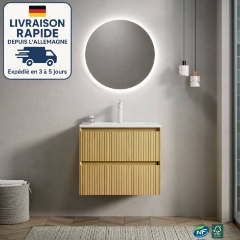 Mueble de pared con lavabo individual de 61 cm, rectangular, de cerámica blanca, de contrachapado rayado, 2 cajones, premontado, con veta de madera.