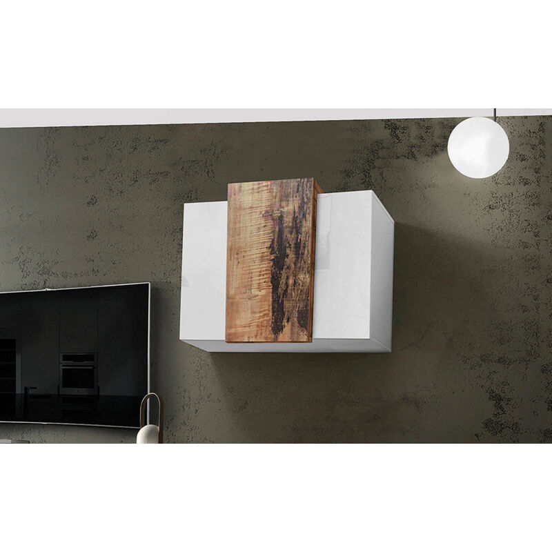 

Armario de pared Made in Italy, con 3 puertas, Mueble de salón suspendido, 90x38h66 cm, Blanco brillante y color Arce - Dmora