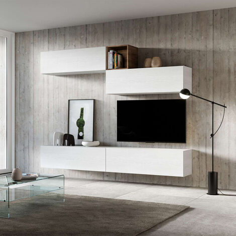 Mueble de pared moderno TV salón suspendido madero blanco A01 - 0.000000