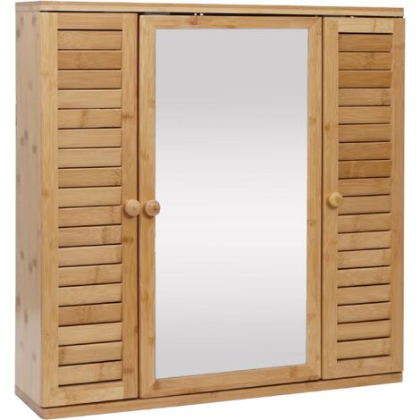 Mueble de pared para baño con espejo 3 estantes 3 puertas en bambú 60x60x15 cm 040005765
