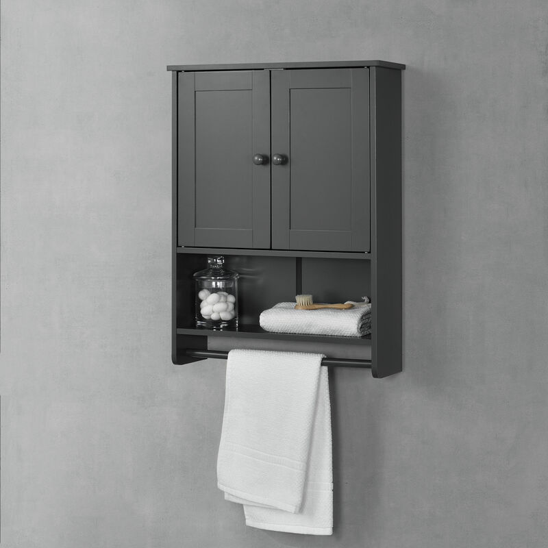 

[en.casa] - Mueble de pared para Baño Steyr - 65 x 48,7 x 14,5 cm - Armario colgante - Con 2 puertas y Toallero Barra - Auxiliar de Baño - MDF - Gris