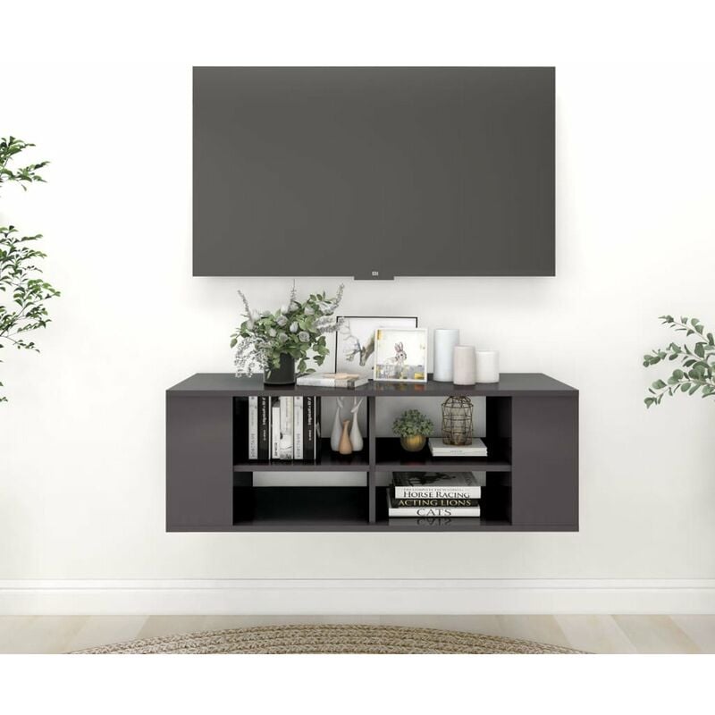 

Happyshopping - Mueble de pared para TV aglomerado gris brillante 102x35x35 cm