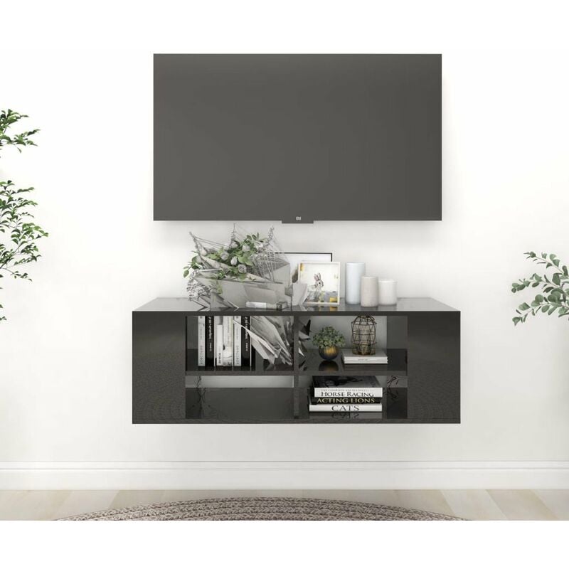 

Happyshopping - Mueble de pared para TV aglomerado negro brillante 102x35x35 cm