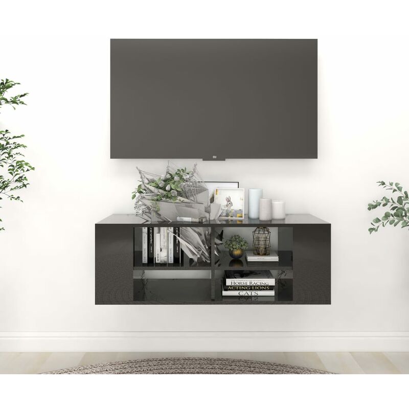 

Mueble de pared para TV aglomerado negro brillante 102x35x35 cm