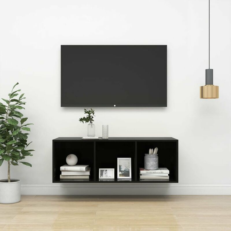 

Mueble de pared para TV aglomerado negro brillo 37x37x107 cm