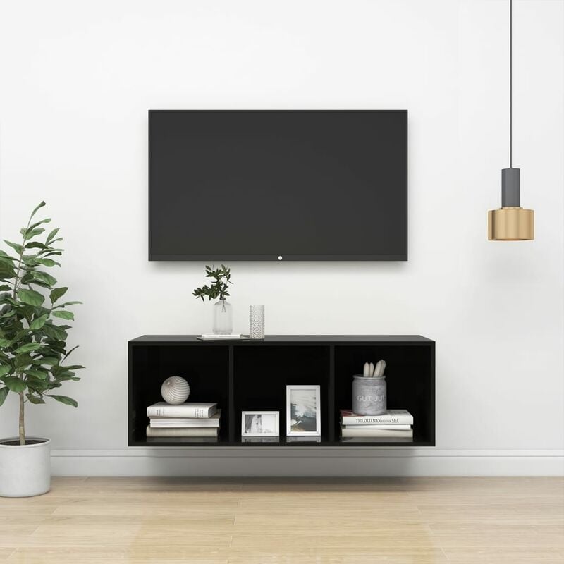 

Mueble de pared para TV aglomerado negro brillo 37x37x107 cm