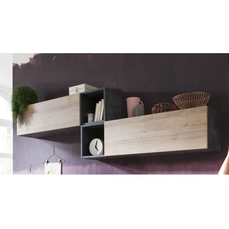 

Mueble de pared reversible con una puerta push-pull y un compartimento abierto acabado en roble claro y gris antracita | roble y gris
