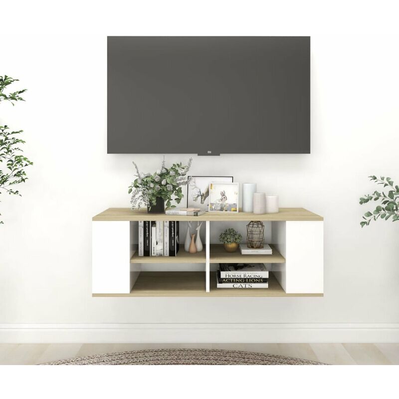 

Happyshopping - Mueble de pared TV aglomerado blanco roble Sonoma 102x35x35cm