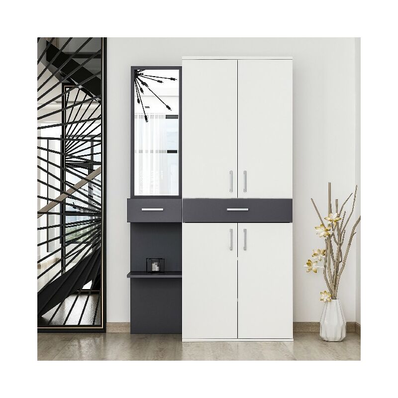 

Mueble de Pasillo Cersei - con Estantes, Armario, Perchero - Pared, Oficina, Salon - Blanco, Madera Antracita, 105 x 35 x 180 cm